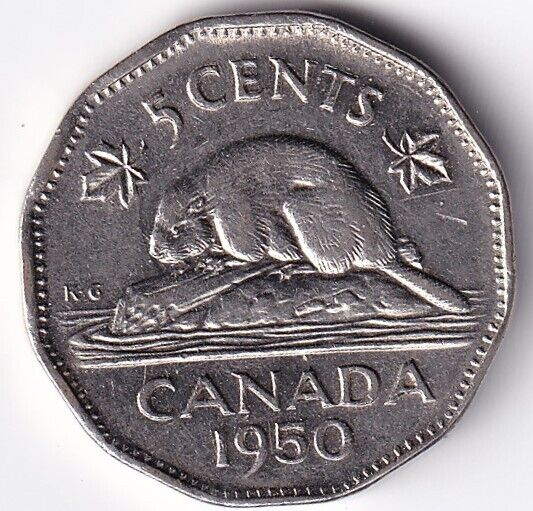 Canada 1950 Five Cent 5c Nickel King George VI Almost Uncirculated