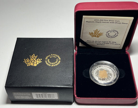 2016 Majestic Maple Leaves with Drusy Stone 1oz .9999 Silver Coin Canada