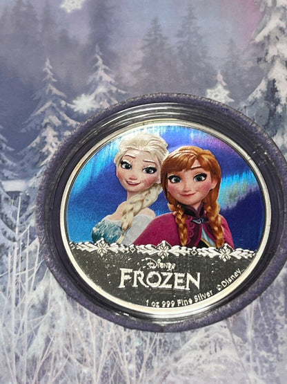 2016 Niue 1 Oz Silver Colorized Coin Disney Frozen Elsa & Anna W Box And COA