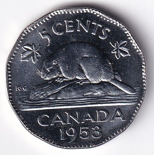 Canada 1953 Five Cent 5c Nickel Queen Elizabeth II No Shoulder Fold Lustourous