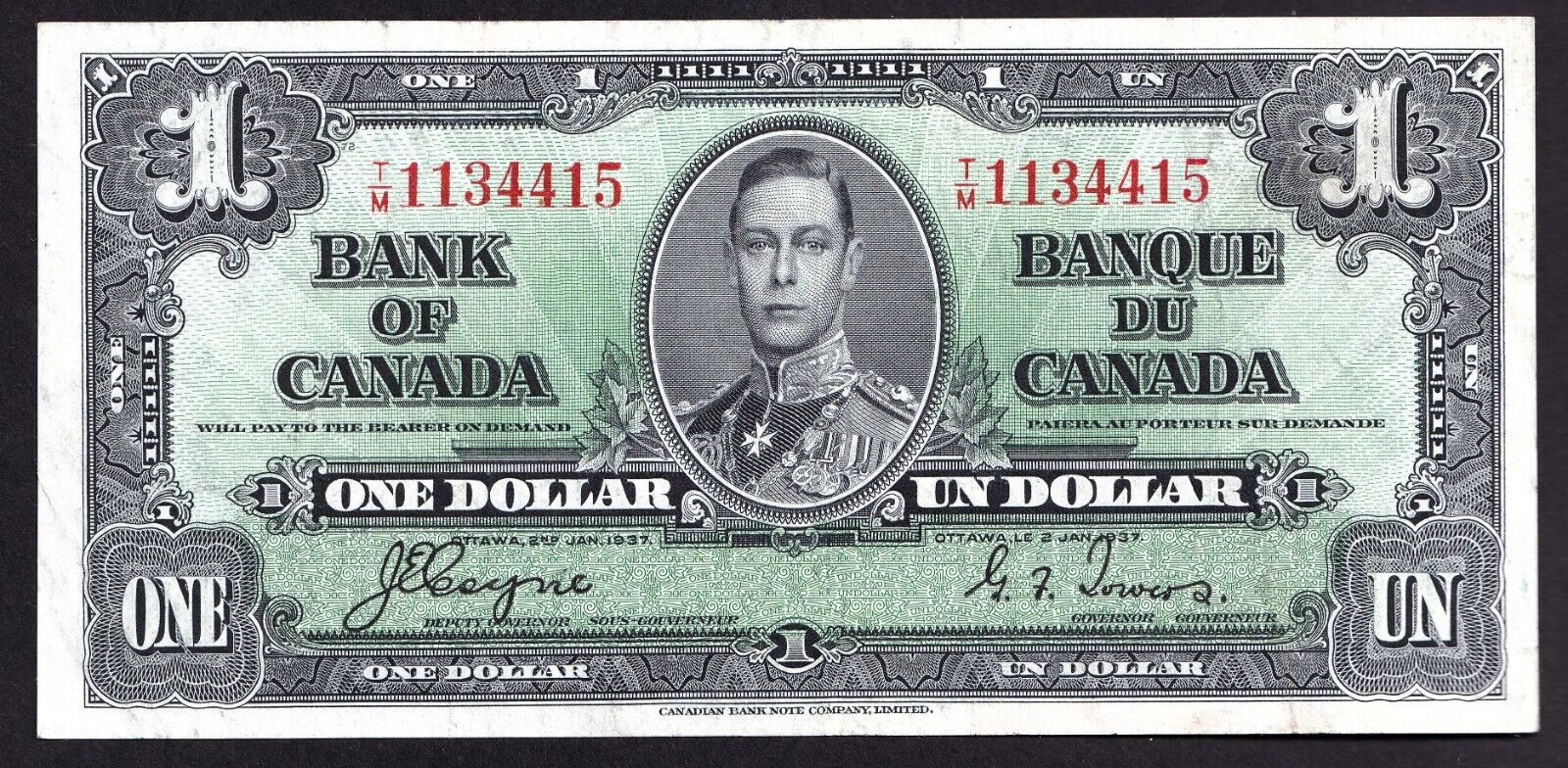 Canada 1937 $1 One Dollar Banknote Coyne - Towers T/M 1134415 Nice Colour