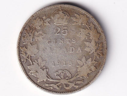 Canada 1913 25 Cents Twenty Five Cent Silver Coin - King George V