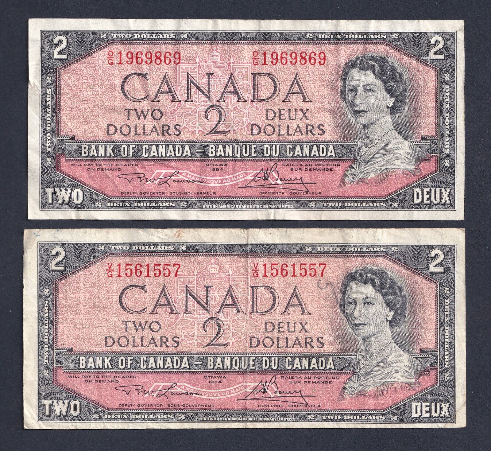 Canada 1954 $2 Two Dollar Banknote Lot Of Two Lawson-Bouey #2