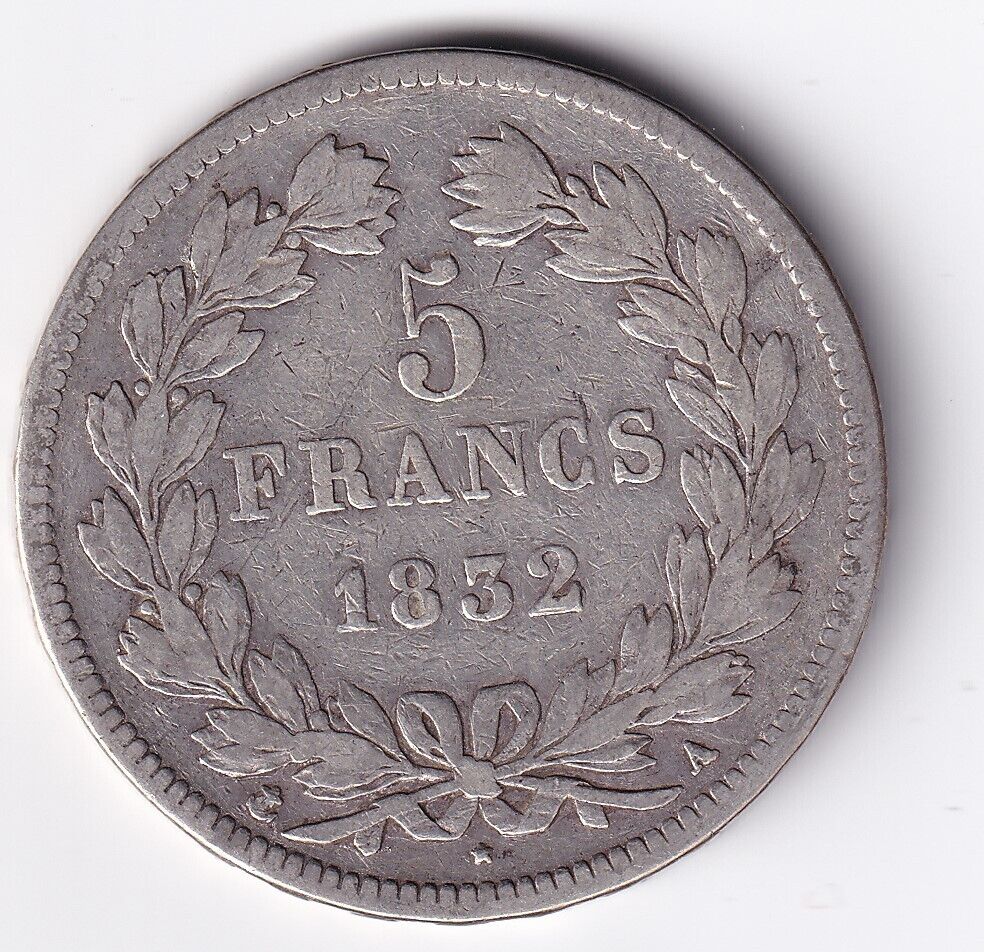 1832 A France 5 Francs Paris Louis Philippe Roi des Francais .900 Silver Large