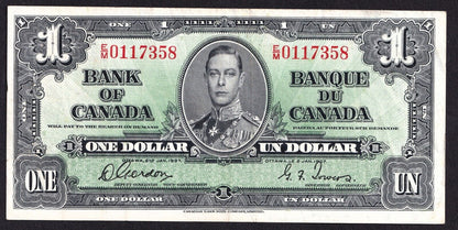 Canada 1937 $1 One Dollar Banknote Gordon - Towers E/M 0117358