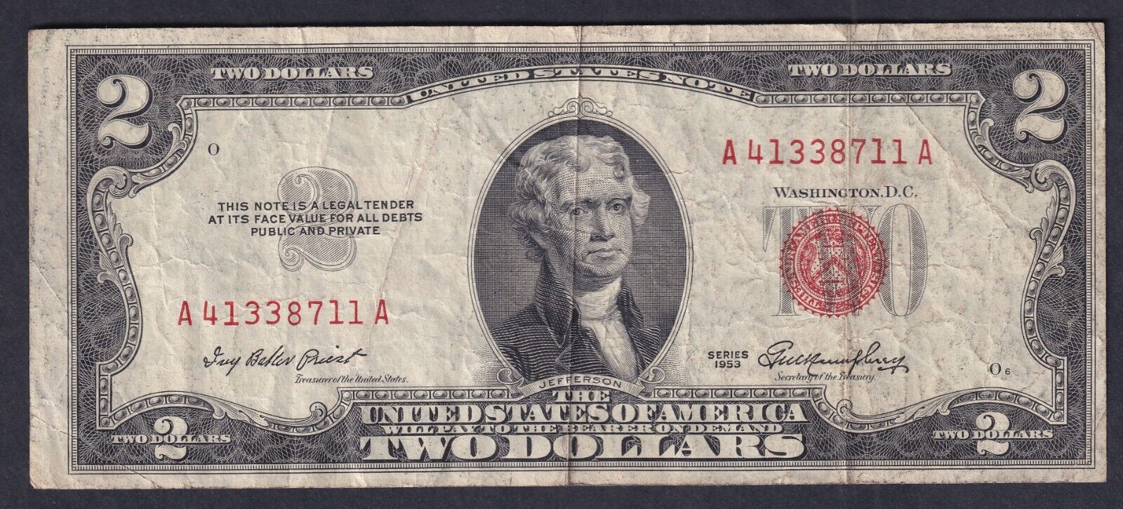 United States Series 1953 $2 Banknote Red Seal