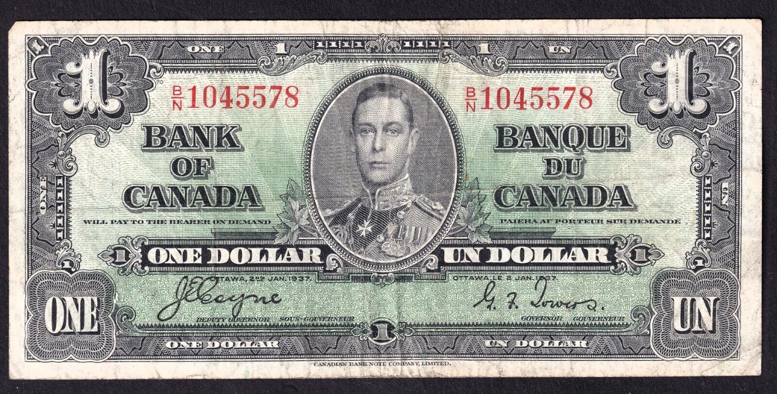 Canada 1937 $1 One Dollar Banknote Coyne - Towers B/N 1045578