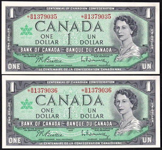 Canada 1967 $1 One Dollar Lot Of Two Consecutive Replacement Banknotes UNC *B/M