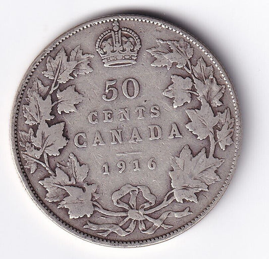 Canada 1916 50 Fifty Cent Half Dollar .925 Silver Coin -  King George V