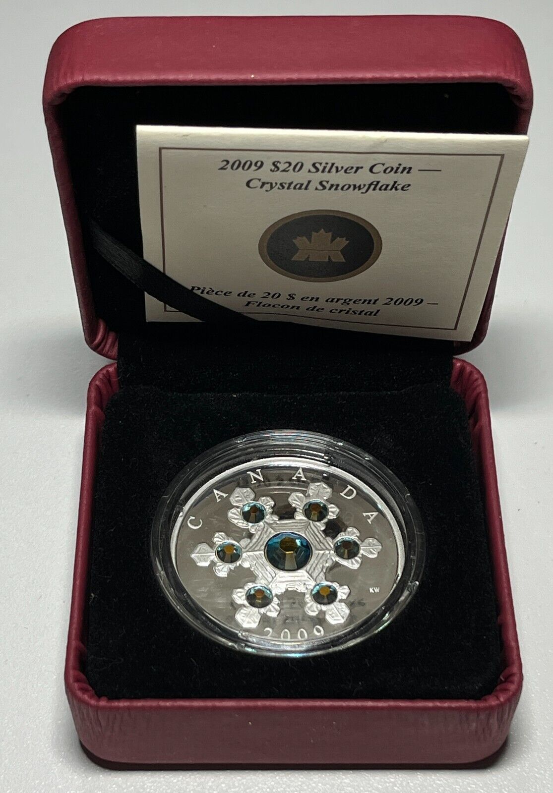 2009 Canada $20 Blue Crystal Snowflake 1 oz 9999 Silver Coin BOX & COA