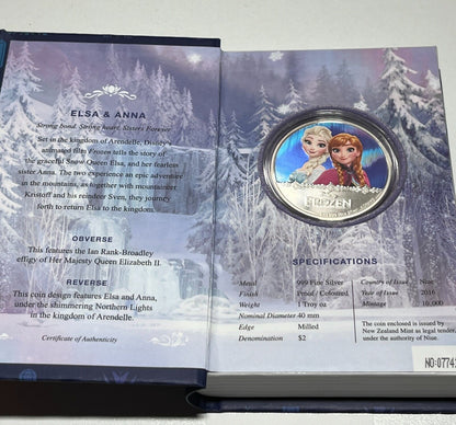 2016 Niue 1 Oz Silver Colorized Coin Disney Frozen Elsa & Anna W Box And COA