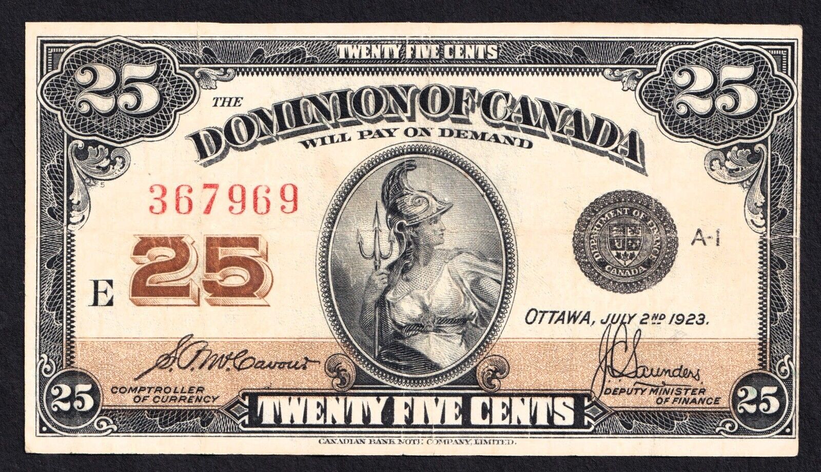 1923 Dominion of Canada 25c Shinplaster Note McCavour - Saunders 367969