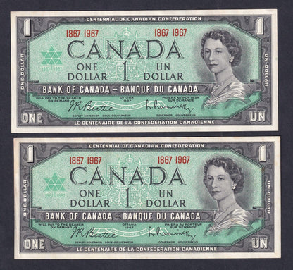 Canada 1967 $1 One Dollar Banknote Lot Of Two Beattie-Raminsky (Nicer Grades)