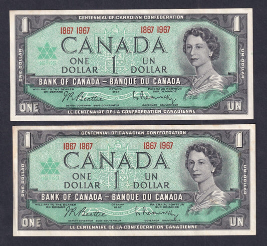 Canada 1967 $1 One Dollar Banknote Lot Of Two Beattie-Raminsky (Nicer Grades)