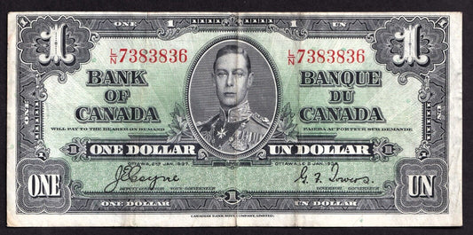 Canada 1937 $1 One Dollar Banknote Coyne - Towers L/N 7383836