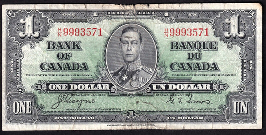 Canada 1937 $1 One Dollar Banknote Coyne - Towers H/N 9993571