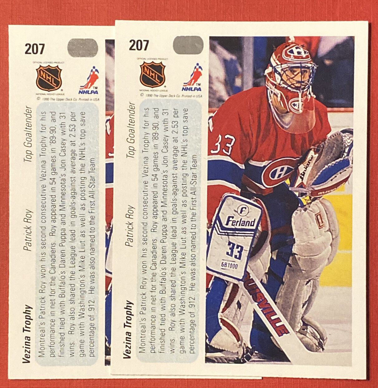 1990-91 Upper Deck #207 Patrick Roy Lot Of 2 Vezina Trophy Winner