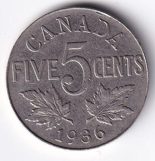 Canada 1936 Five Cent 5c Nickel King George V Very Fine