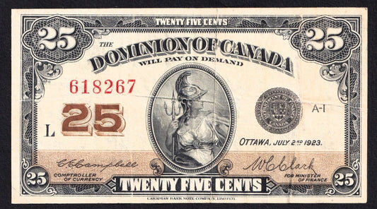 1923 Dominion of Canada 25c Shinplaster Note Campbell - Clark 618267