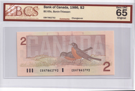 Canada 1986 $2 Two Dollar Banknote Bonin - Thiessen BCS Certified Gem UNC - 65