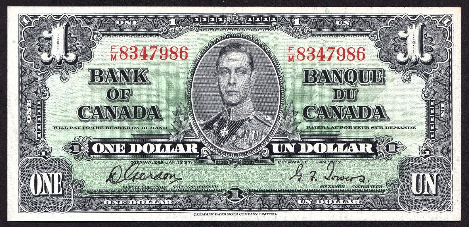 Canada 1937 $1 One Dollar Banknote Gordon - Towers F/M 8347986