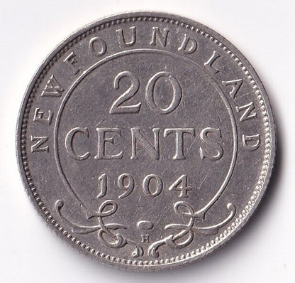 Newfoundland NFLD 1904 H Twenty Cent Silver Coin EF Extra Fine 