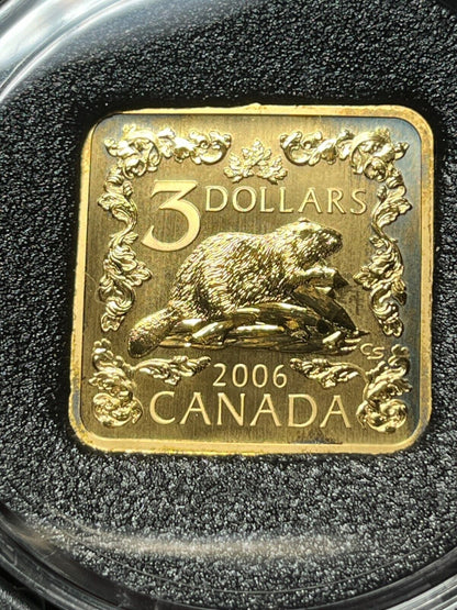 2006 Canada - $3 Sterling Silver Square Coin - The Beaver - Gold Plated