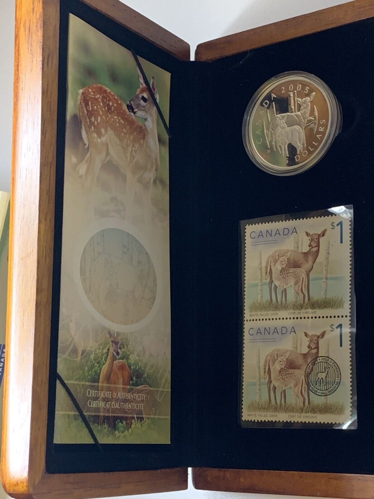 2005 $5 Fine Silver Coin White-Tailed Deer & Fawn Two $1 Stamps COA Wooden Box