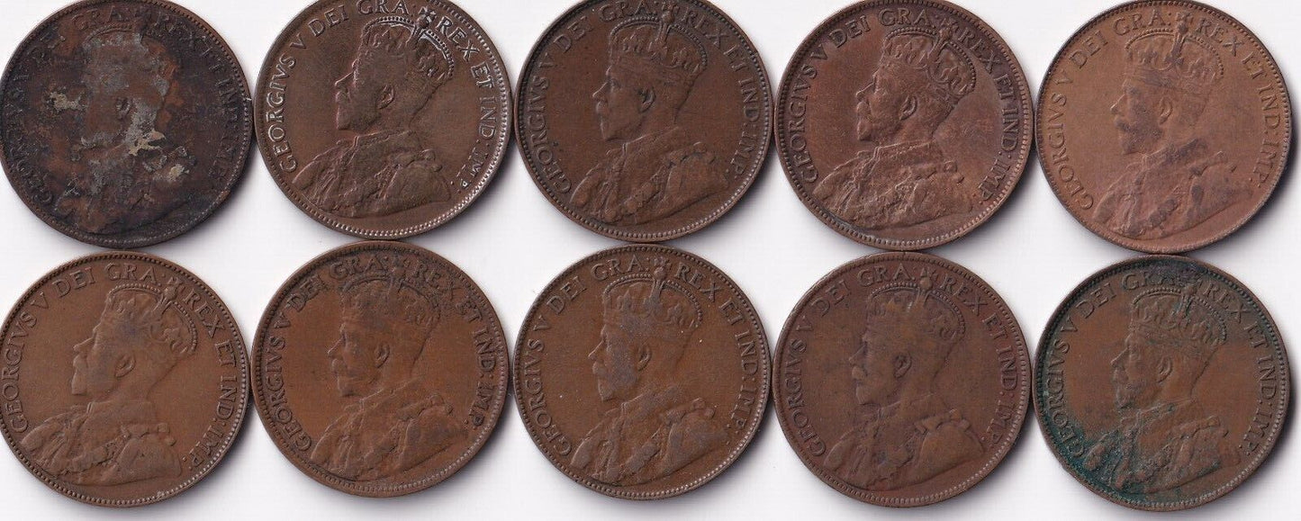 Canada 1920 1 Cent Lot of Ten Large Cents King George V Coins Harder Date