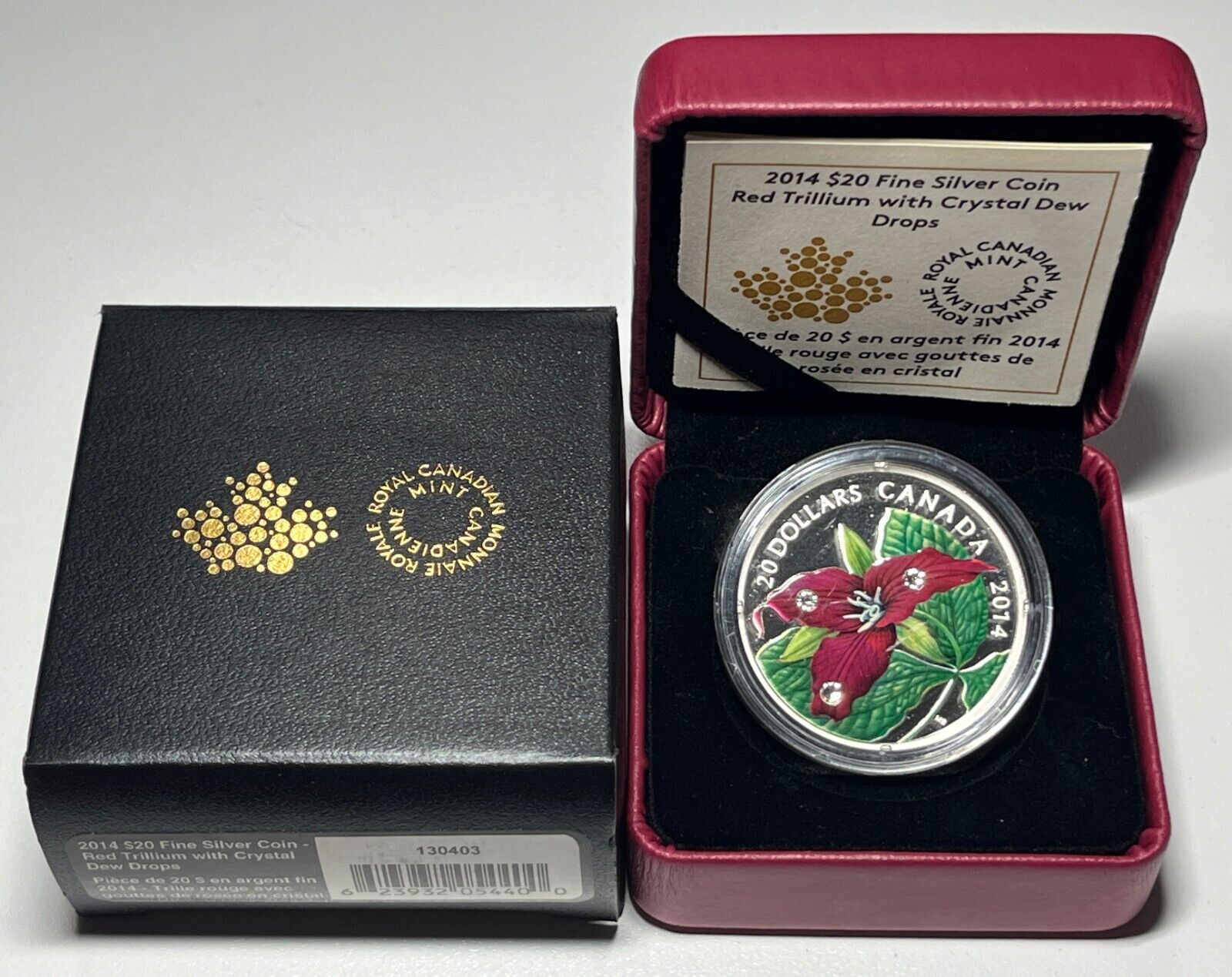 2014 Canada $20 Fine Silver Coin - Red Trillium with Crystal Dew Drops -Complete