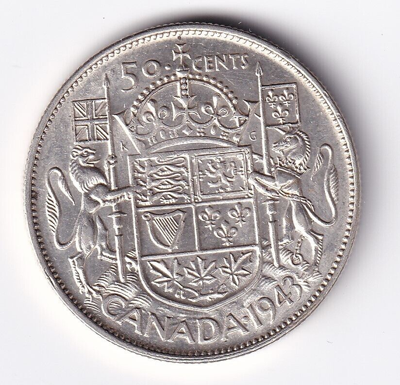 Canada 1943 50 Fifty Cent Half Dollar Silver Coin King George VI - Lustourous