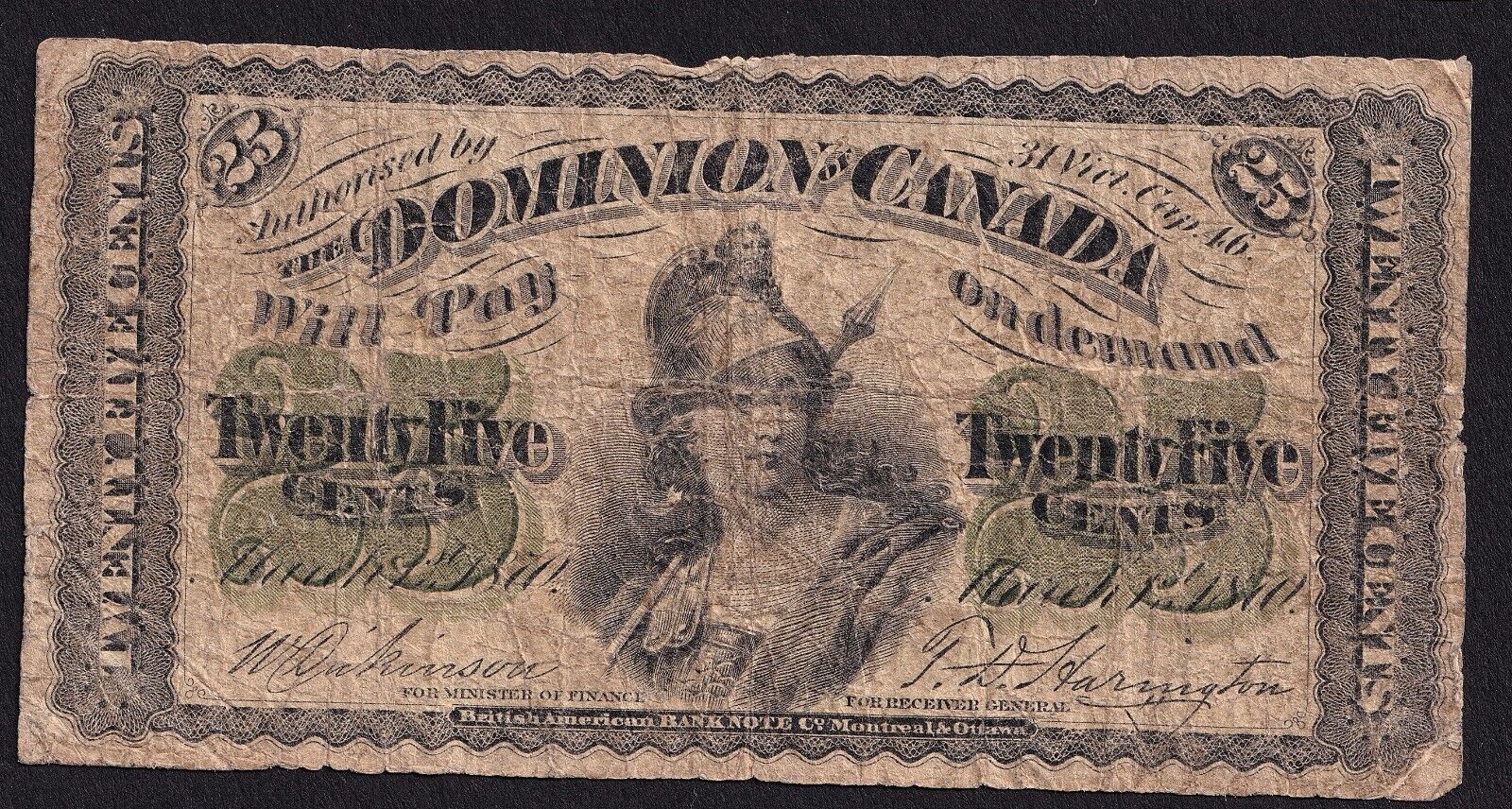 Dominion of Canada 1870 25 Cent Shinplaster Plain Dickinson-Harington Nice Note