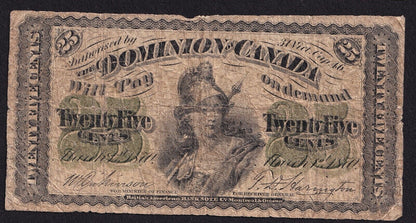 Dominion of Canada 1870 25 Cent Shinplaster Plain Dickinson-Harington Nice Note