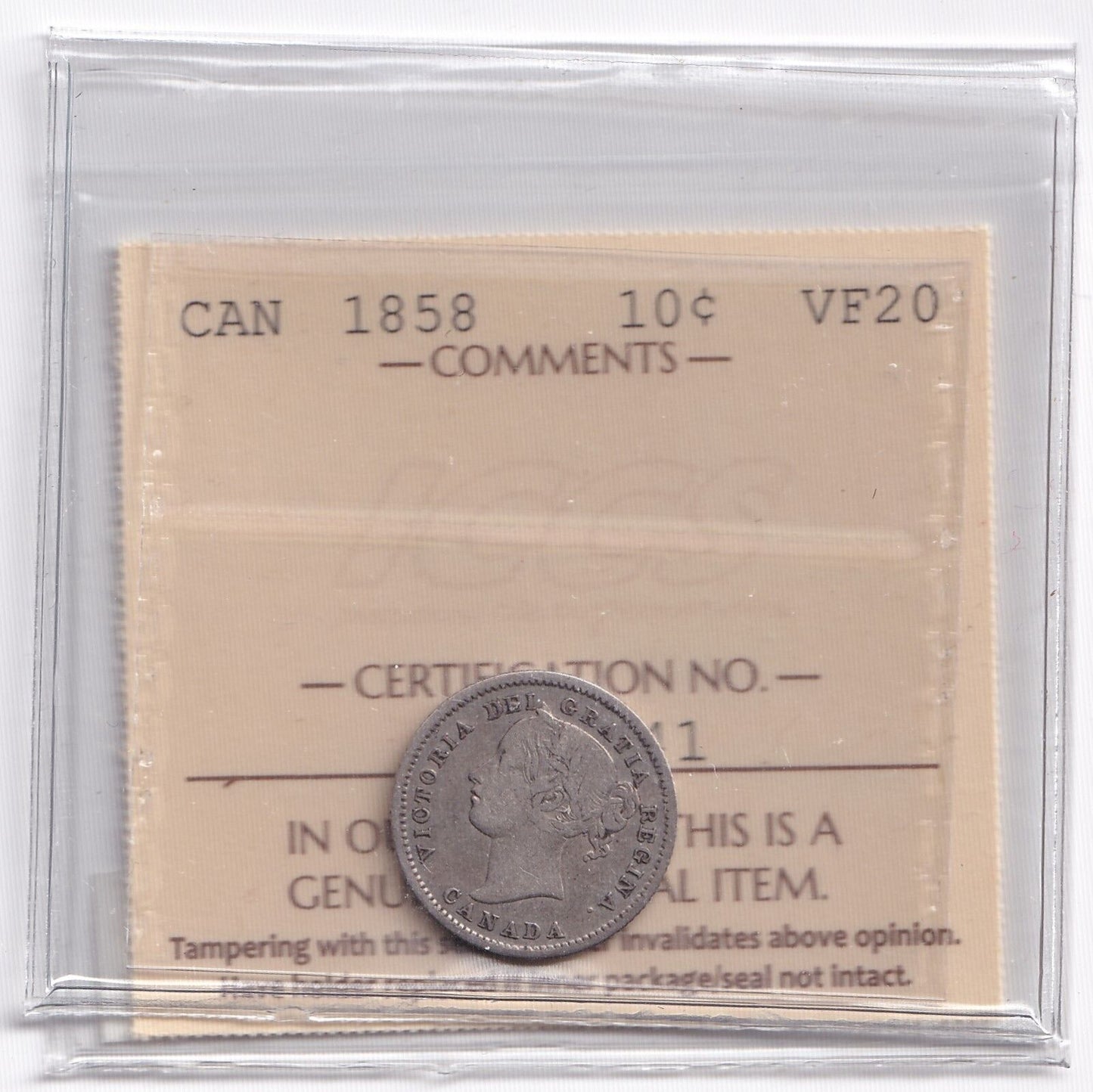 Canada 1858 Ten Cent 10c Silver Coin ICCS Graded Very Fine VF 20 .925 Silver