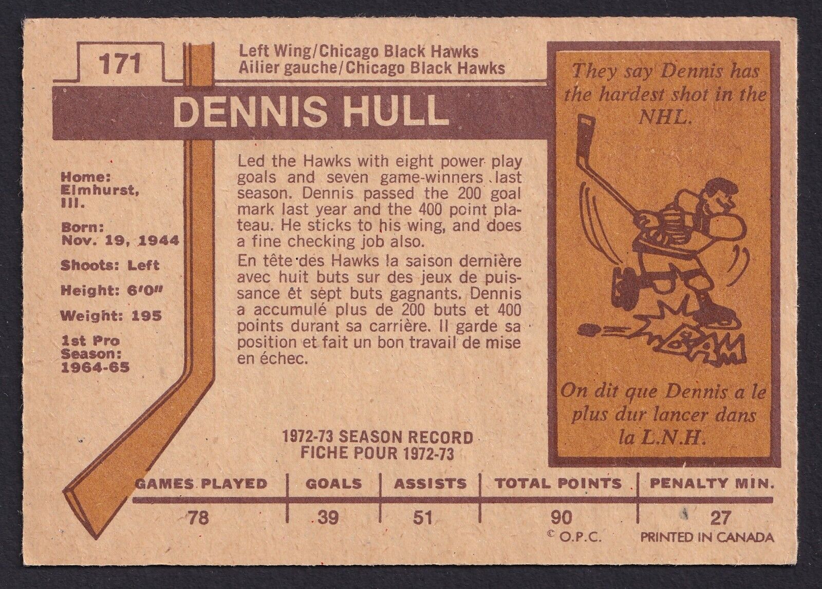 1973-74 O-Pee-Chee #171 Dennis Hull All Stars West Hockey Card Blackhawks