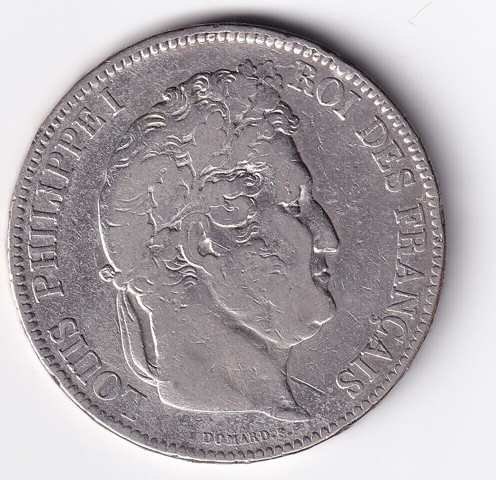 1833 A France 5 Francs Paris Louis Philippe Roi des Francais .900 Silver Large