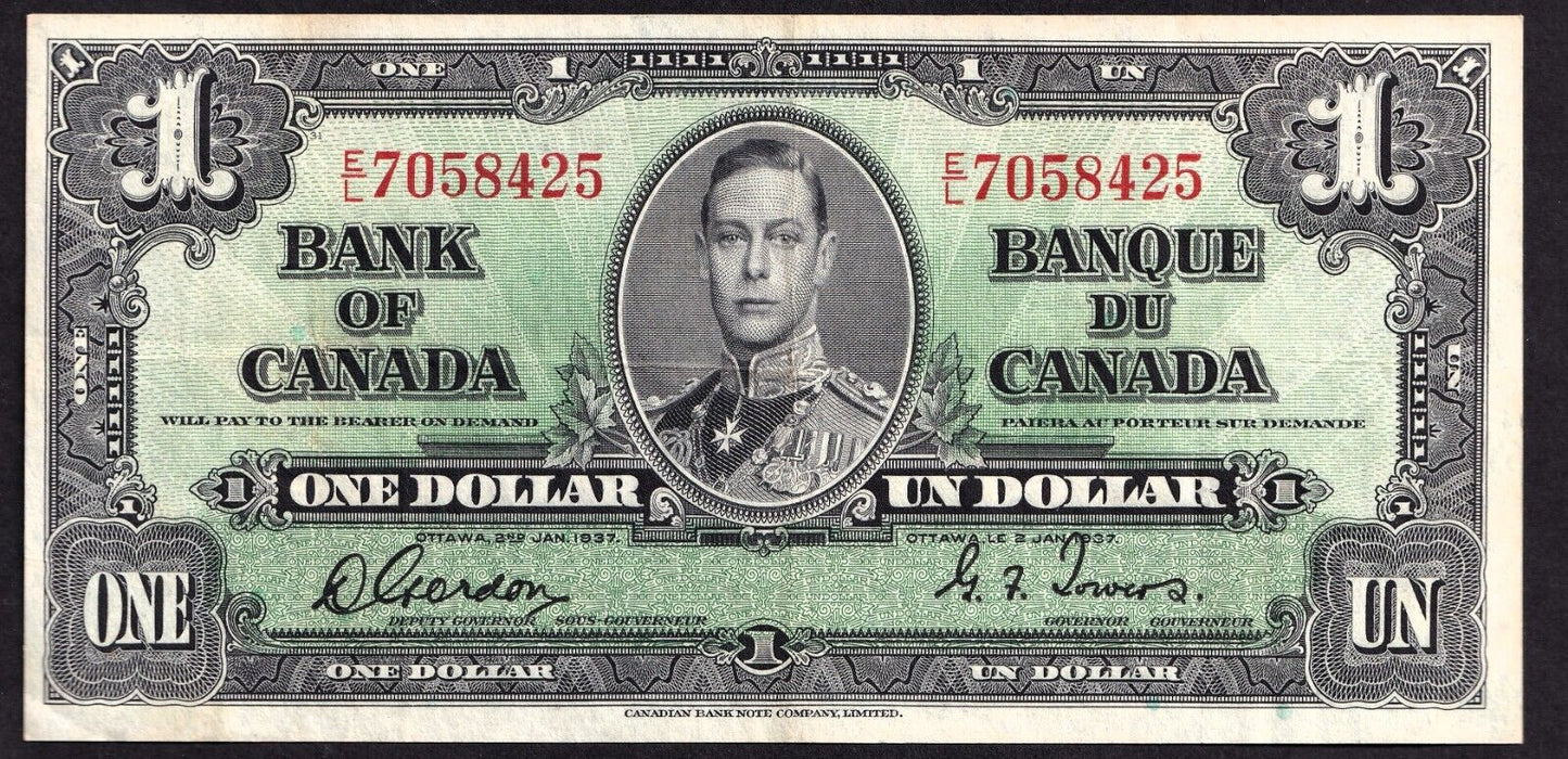 Canada 1937 $1 One Dollar Banknote Gordon - Towers E/L 7058425