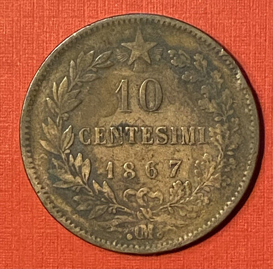 1867 Italy 10 Centesimi Old Coin