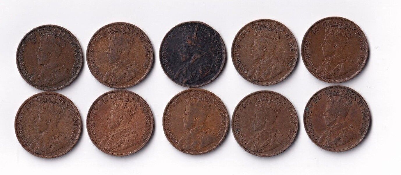 Canada 1914 1 Cent Lot of 10 Large Cents King George V Coins