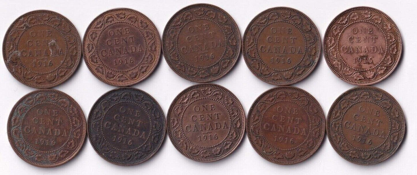 Canada 1916 1 Cent Lot of Ten Large Cents King George V Coins