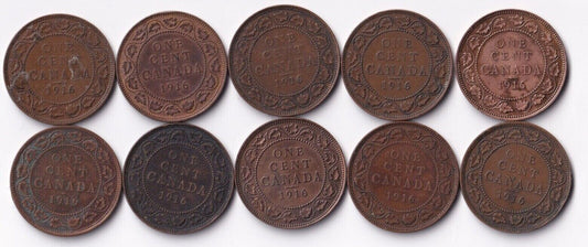 Canada 1916 1 Cent Lot of Ten Large Cents King George V Coins