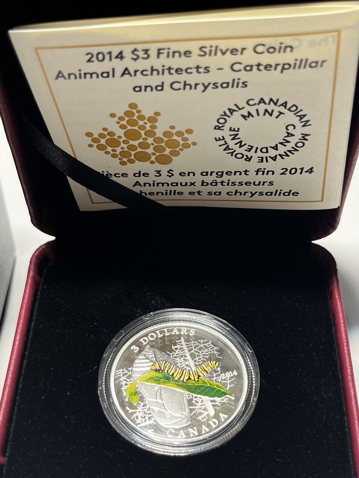 2014 Canada $3 Fine Silver Coin Animal Architects Caterpillar and Chrysalis