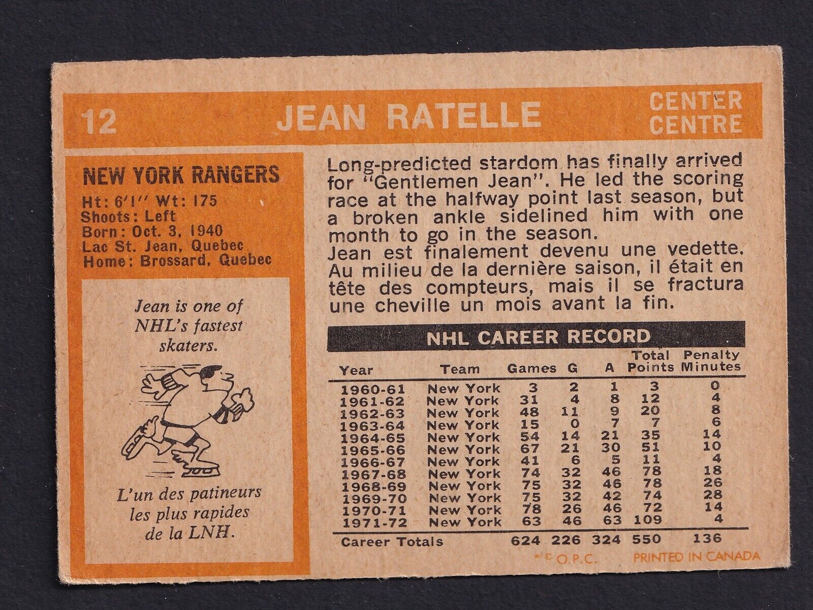 1972-73 O-Pee-Chee #12 Jean Ratelle New York Rangers Hockey card