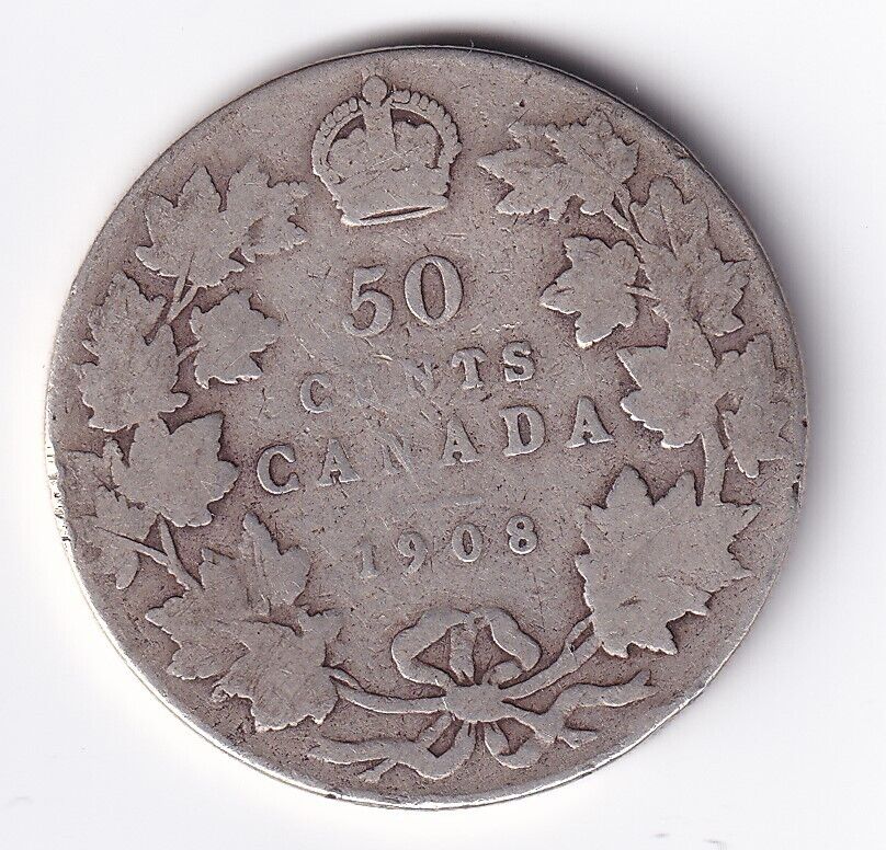 Canada 1908 50 Fifty Cent Half Dollar Silver Coin -  King Edward .925 Silver