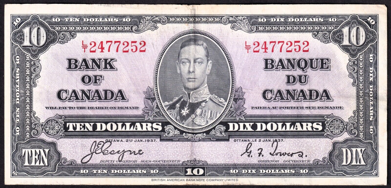 Canada 1937 $10 Ten Dollar Banknote Coyne - Towers L/T 2477252