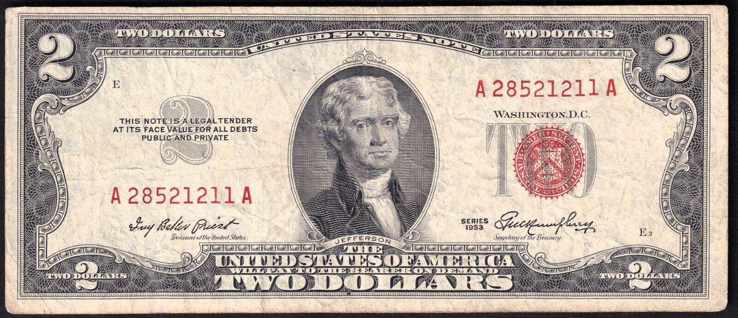 United States USA Series 1953 $2 Two Dollar Banknote A28521211A Red Seal