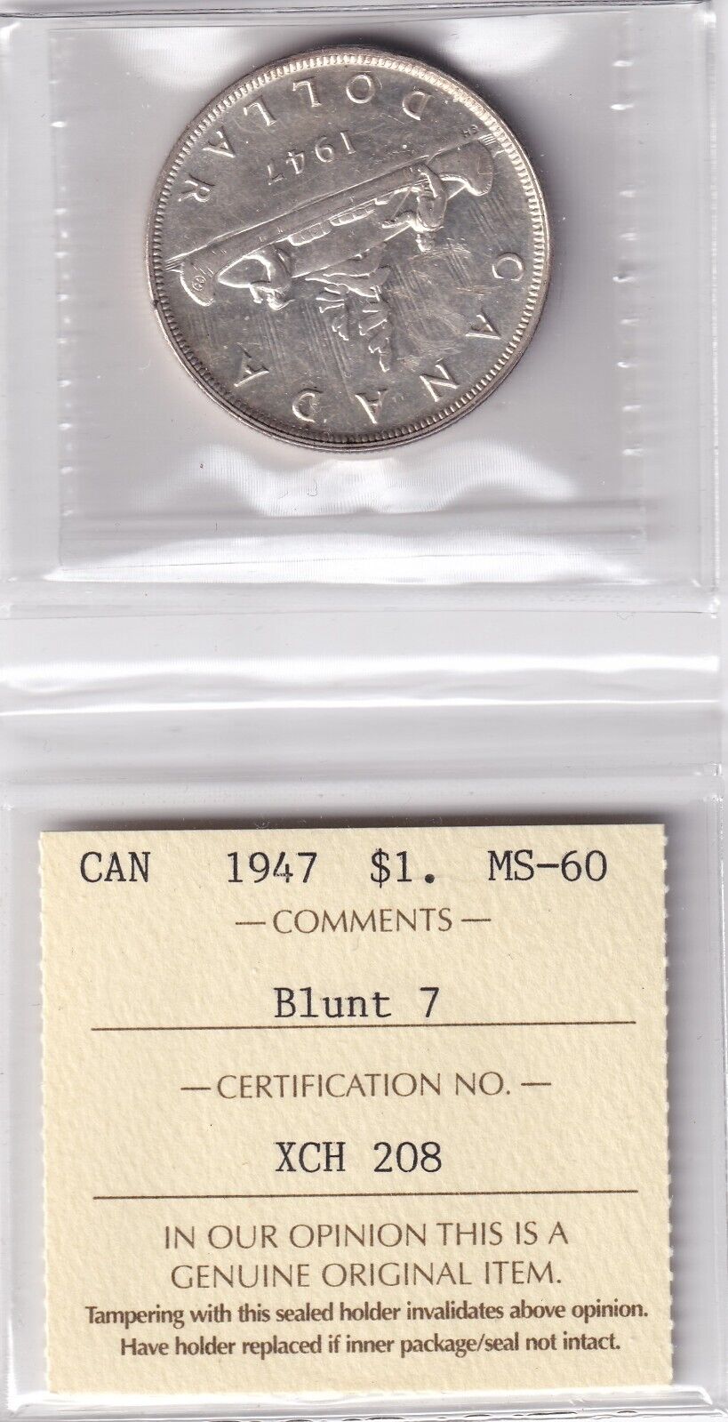 Canada 1947 $1 Silver Dollar Silver Coin ICCS Graded Mint State - 60 Blunt 7