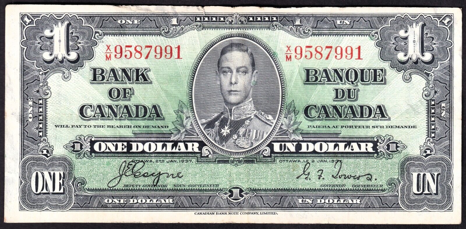 Canada 1937 $1 One Dollar Banknote Coyne - Towers X/M 9587991