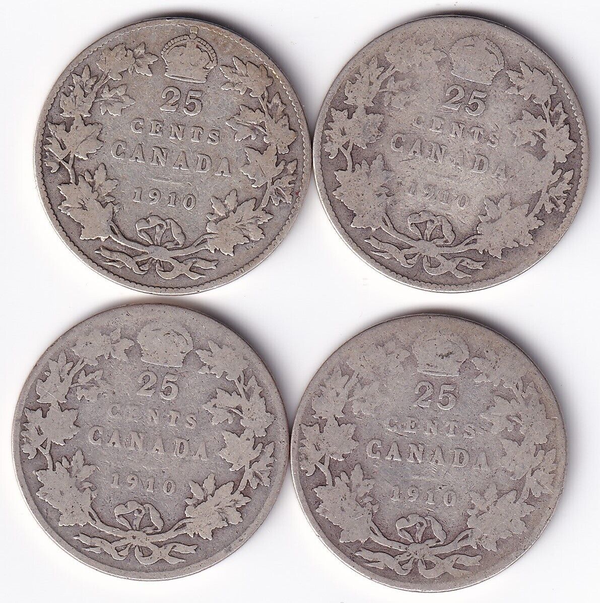 Lot Of 4 1910 Canada Silver Quarter 25 Twenty Five Cent Pieces King Edward