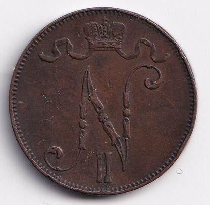 Finland Russia 5 Pennia 1901 Copper Coin Key Date Strong Detailed Coin KM#15